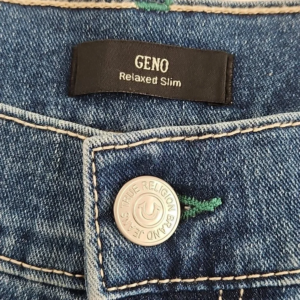 True Religion Geno Big T Flap Jeans Men's 36x32 Med Wash Relaxed‎ Slim NWT NEW